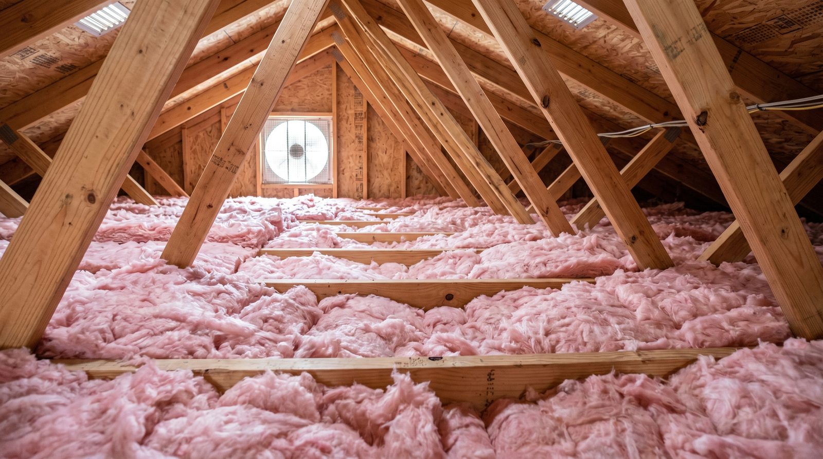Freshly installed blown-in fiberglass insulation in an attic