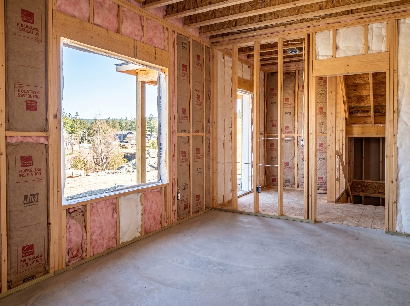 Batt insulation neatly installed in the framed walls of a new home